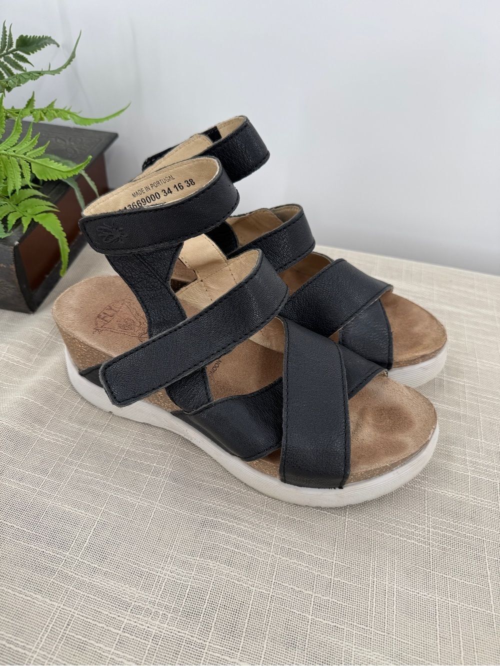 Fly London Wege Wedge Sandal Black Leather Ankle Strap Size 38